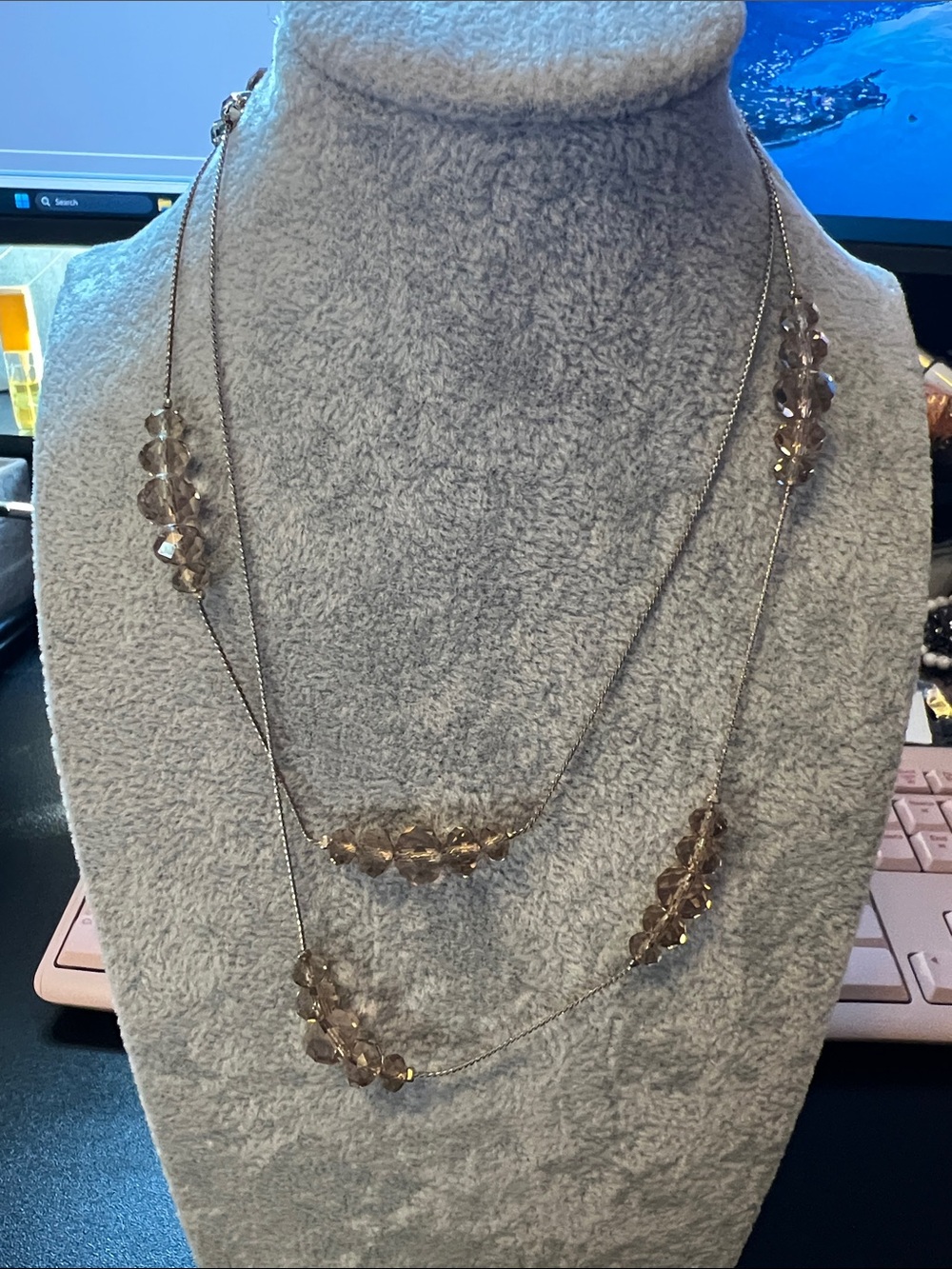 Delicate long champagne toned  Bead Necklace